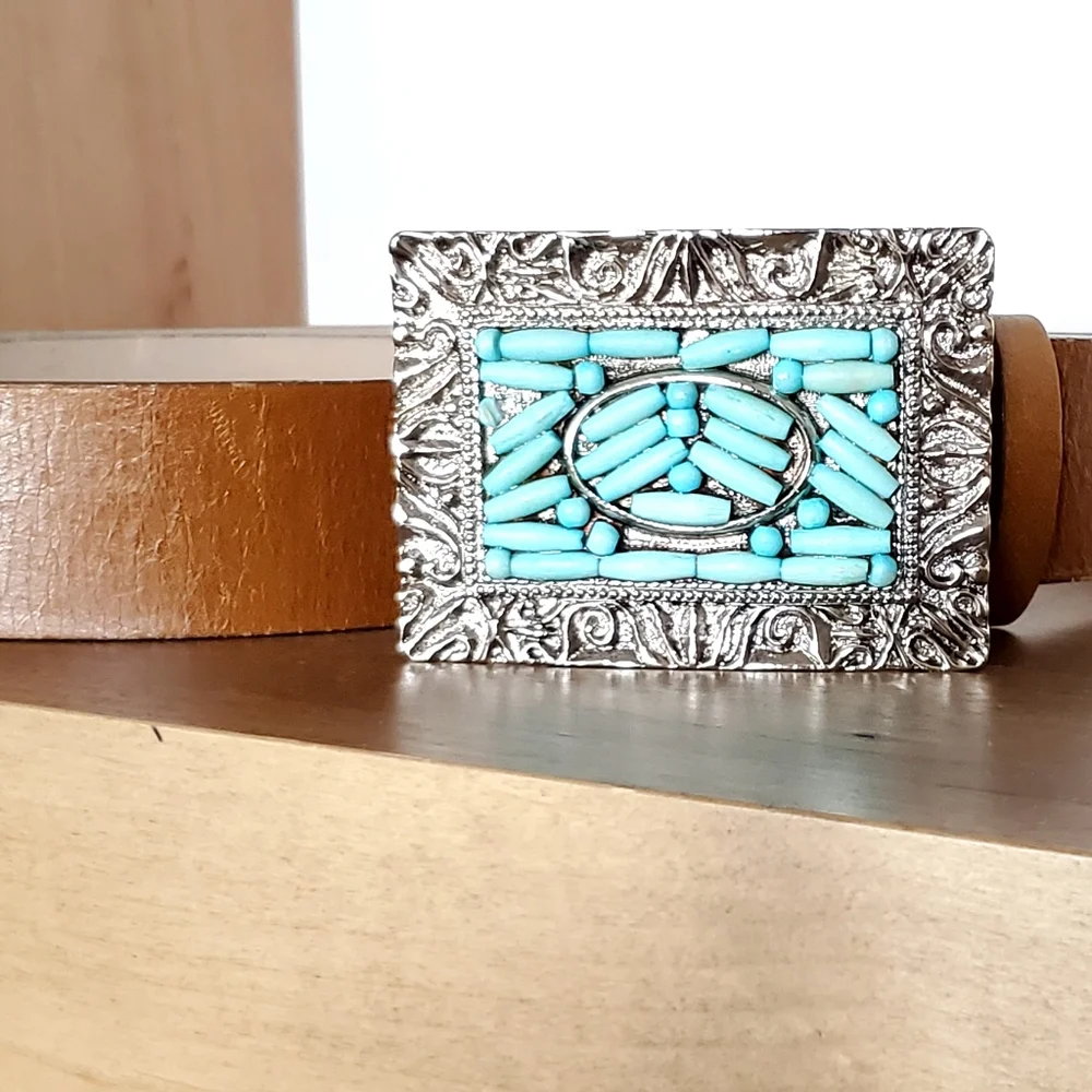 Streets Ahead Western Turquise Bead Ornate Silver Buckle Brown Leather Belt Lg